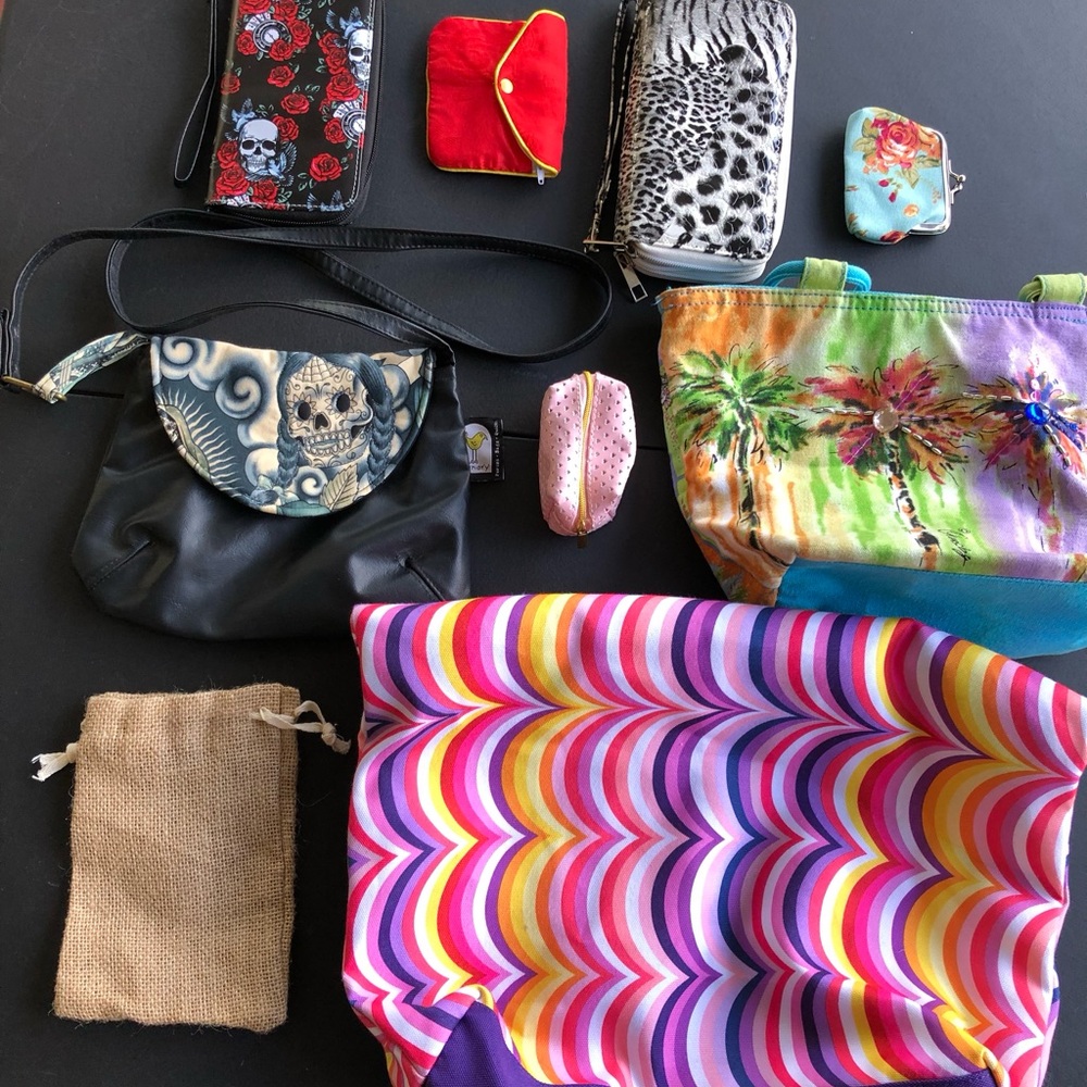Tote bag. Wristlet wallet. SmSkull crossbody. Travel bag. Change coin purse